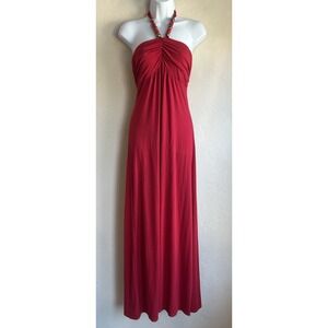 Vintage Y2K Susie Rose Beaded‎ Neck Halter Maxi Dress L Red Resort Glam Sexy